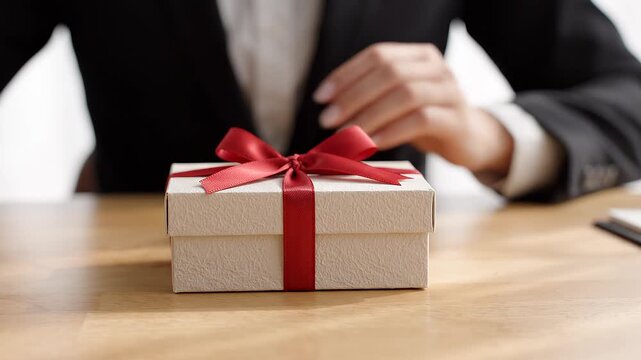 Businesswoman offering a gift box with red ribbon