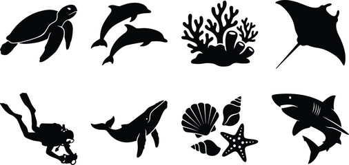 Marine life and ocean animals black silhouette vector icon set with scuba diver and coral reef © Shilpi