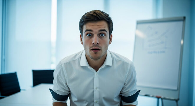 Man's face showing surprise in a modern office, with a flip chart in the background, symbolizing confusion or a sudden realization in a business context