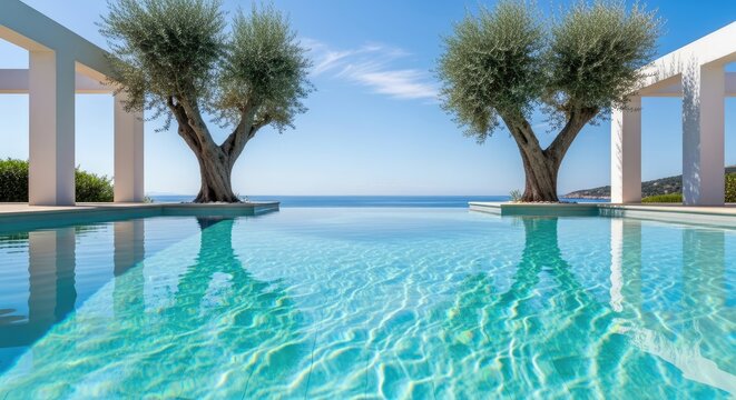 Luxury infinity swimming pool with olive trees and sea.