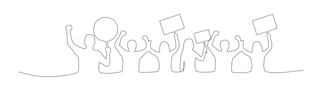 Continuous single-line drawing art of a group of men and women protesting while holding blank signs. International Day of Democracy.