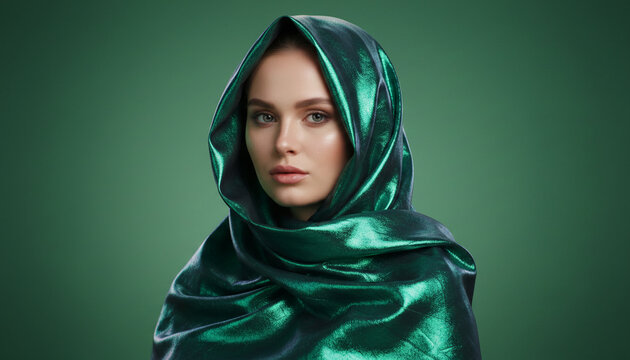 Portrait of a woman wearing a shimmering green headscarf, conveying elegance and mystery, perfect for fashion or beauty themes
