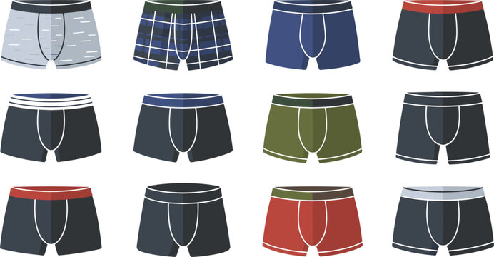 Men boxer briefs vector icon set featuring flat cartoon cotton underwear trunks with elastic waistbands, plaid tartan patterns, striped designs, and colorful masculine undergarment apparel elements.