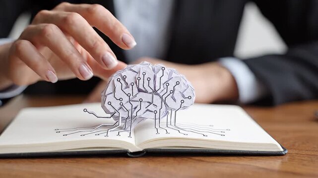 Person holding paper brain model over open notebook symbolizing ideas and learning