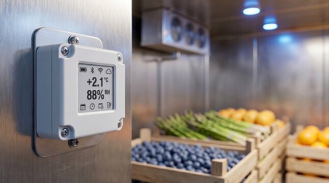 Wireless IoT Temperature and Humidity Sensor Monitoring Fresh Produce in Cold Storage Warehouse
