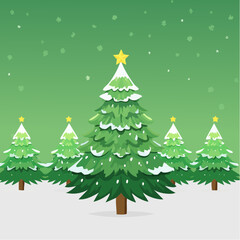 Fototapeta premium Decorative Christmas trees with stars in a snowy forest winter landscape