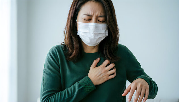 Woman wearing face mask clutching her chest