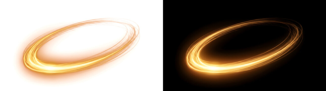 Swirling golden light trail effect with sparkling elliptical ring motion for overlay use in PNG, Transparent and Black Background Versions