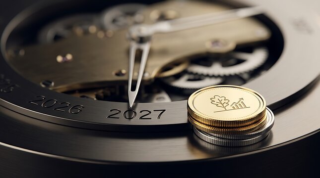 Close up of a mechanical watch face showing the year 2027 with a stack of gold and silver coins featuring a tree growth on a dark metal surface