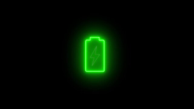 Glowing green neon fully charged battery icon on black background.