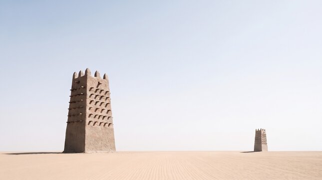 Ancient Mali empire mud brick towers in a vast minimalist desert landscape
