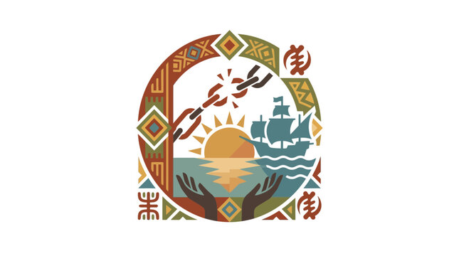 African Heritage Symbol: Breaking Chains, Sailing Ship, Sunrise, Hands, Geometric Patterns