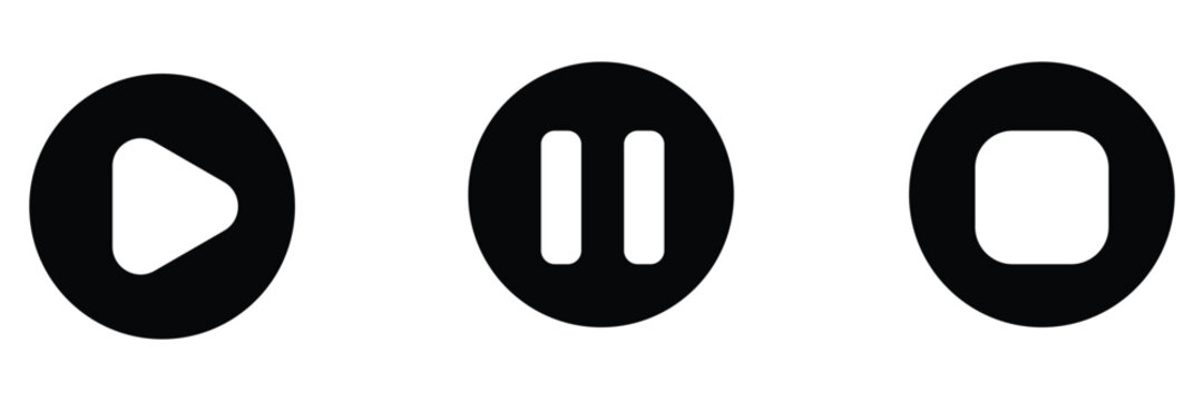 Minimalist black circular play pause stop media control icons set