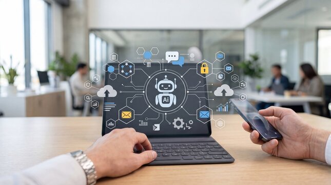 Artificial intelligence robot icon connecting devices via network, AI technology concept, machine learning integration, smart office automation, digital transformation