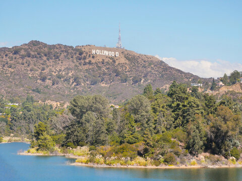 Hollywood Reservoir with the famous Hollywood sign in the background in Los Angeles, California, USA