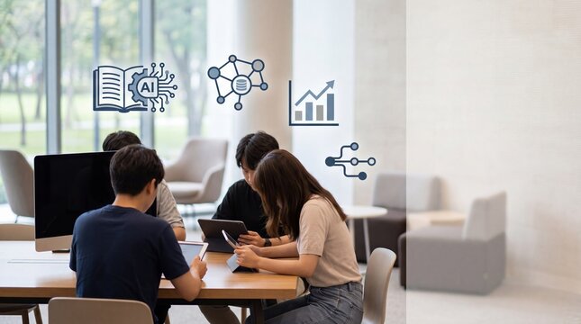 Group of diverse students collaborating on digital tablets in modern library, artificial intelligence and education concept, data analysis icons floating above heads