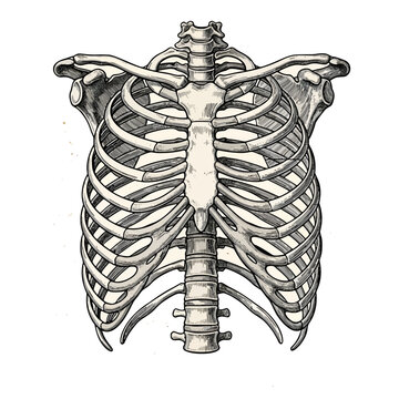 Vintage anatomical illustration of a human rib cage and spine on aged parchment paper background