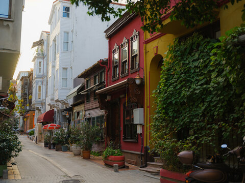 Cozy street with Ottoman houses in Istanbul, Turkey 