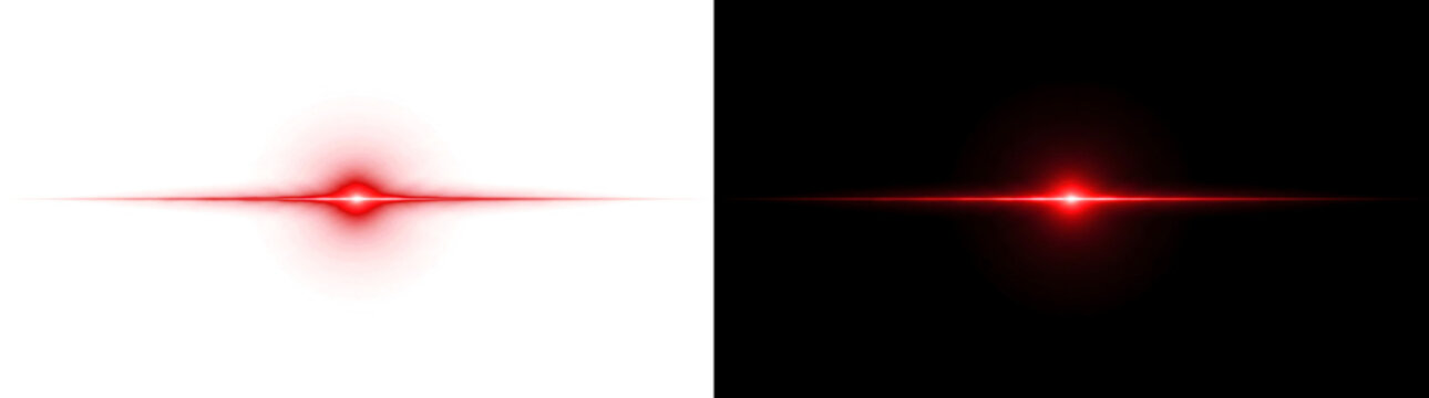 Lens flare red light effect with sparkling horizontal beam streak for overlay use in PNG, Transparent and Black Background Versions