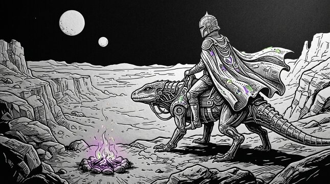 Retro sci-fi woodcut illustration of an armored space warrior riding a mechanical cyborg dinosaur on an alien planet desert. Magical purple campfire and two moons in the night sky. Monochrome engravin