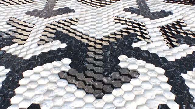 3D animation seamless loop of luxury black and white marble hexagon mosaic tiles moving in a gentle wave pattern. Abstract geometric background for modern interior design, architecture visualization, 