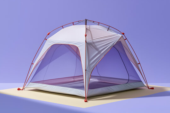 Modern white camping tent pitched outdoors. Lightweight portable canopy shelter for outdoor adventures. Essential gear for hikers and festival goers.