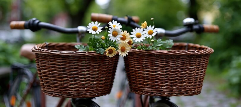 Two bicycle handlebars touching with baskets of daisies outdoors