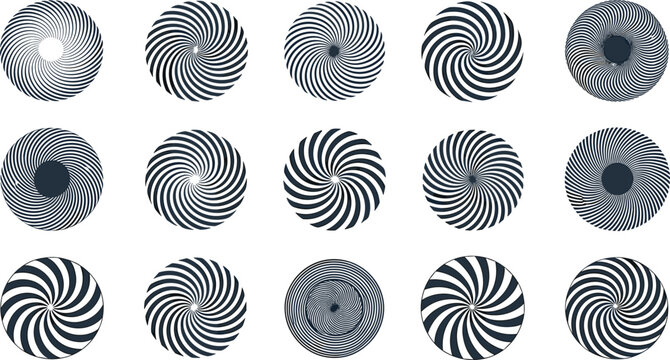 Psychedelic spiral vector icon set featuring black and white optical illusion swirl wheels, abstract hypnotic circle vortexes, geometric twisting moire patterns, and trippy tunnel elements.