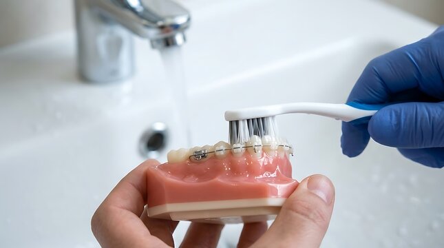 Dentist hand in blue latex glove brushing orthodontic dental model with braces under running water in sink for oral hygiene demonstration purpose