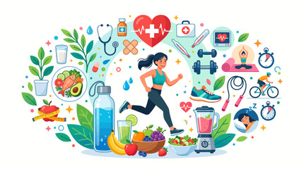 Fototapeta premium Woman jogging with fitness equipment and healthy food in park