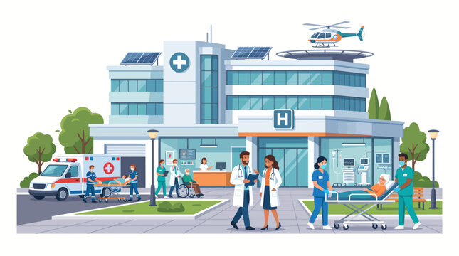 Emergency responders transport patient to hospital entrance with helicopter overhead