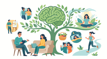 Fototapeta premium People engaging in various relaxing activities under a tree with a brain symbol