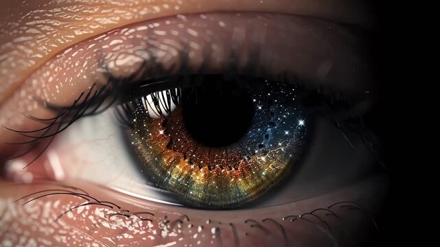 Close-up of a human eye with colorful iris and detailed texture
