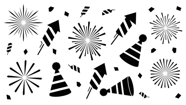 A collection of black silhouette icons representing fireworks, party hats, and confetti scattered across a clean white background, conveying a celebratory mood for any event