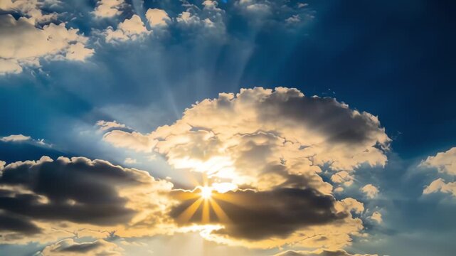 Dramatic sunrise with sun rays breaking through clouds