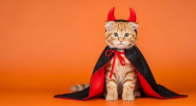 Orange tabby kitten wearing devil costume with red horns and cape cute