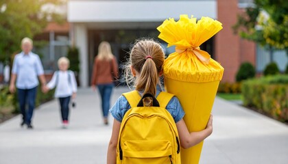 Fototapeta premium Einschulung Mädchen mit gelber Schultüte Zuckertüte vor Schule