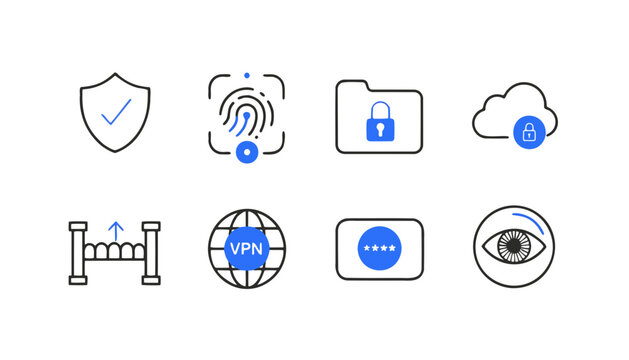Cyber security icon set. Digital protection symbols for web apps. Data privacy and network safety kit.