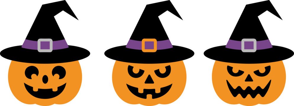 Jack o&rsquo; lantern Halloween illustration collection featuring pumpkins with witch hats, cheerful, classic, and sinister carved faces