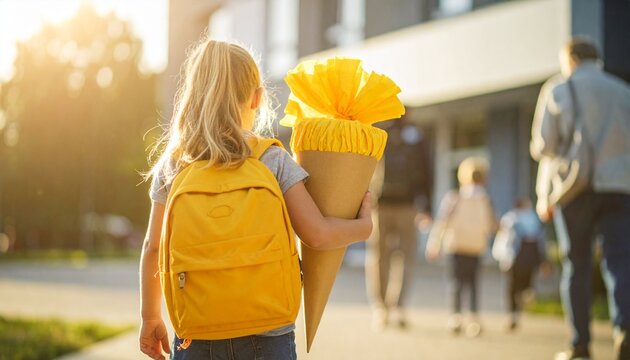 Erstkl&auml;sslerin mit Schult&uuml;te und gelbem Schulranzen auf dem Weg zur Einschulung