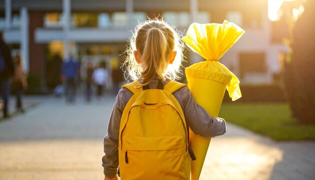 Einschulung M&auml;dchen mit Schult&uuml;te und Rucksack vor Grundschule