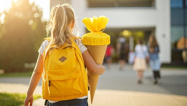 Erstkl&auml;sslerin mit Schult&uuml;te und Schulranzen auf dem Weg zur Einschulung