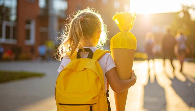 Schulanf&auml;ngerin mit gelber Schult&uuml;te und Schulranzen im Morgenlicht auf dem Schulweg