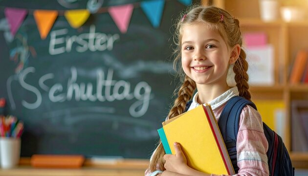 Einschulung Grundsch&uuml;lerin mit Schulb&uuml;chern im Klassenzimmer
