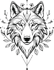 Fototapeta premium Minimal Wolf Head Line Art, Bold Black Outline, Botanical Ornament, Clean Geometric Logo Style, Isolated On White 1
