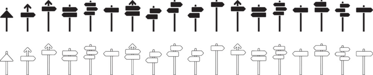 Directional signpost vector icons collection showing various layout designs for road navigation and information marking with different styles including silhouette and outline stroke options. © Obiron