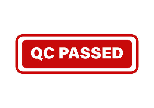 Red rectangular qc passed quality control sign sticker label with bold white text for manufacturing and inspection isolated on transparent background