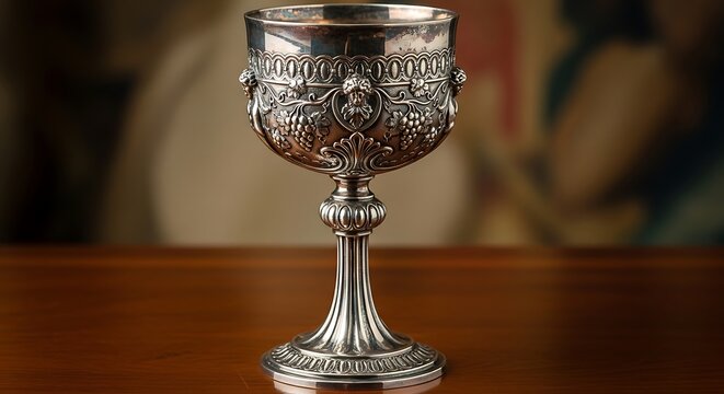 Ornate silver chalice cup with detailed metal carvings standing on a wooden table in a dark room