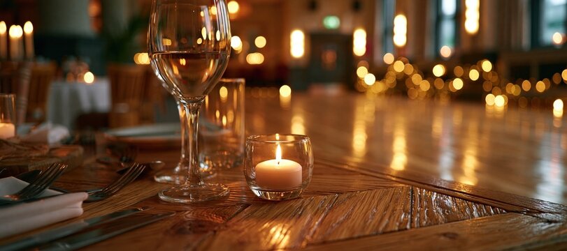 Elegant dinner table setting with candlelight overlooking empty dance floor