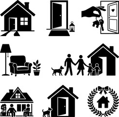 Naklejka na ściany i meble Home ownership icons with family keys and pets during real estate acquisition concepts